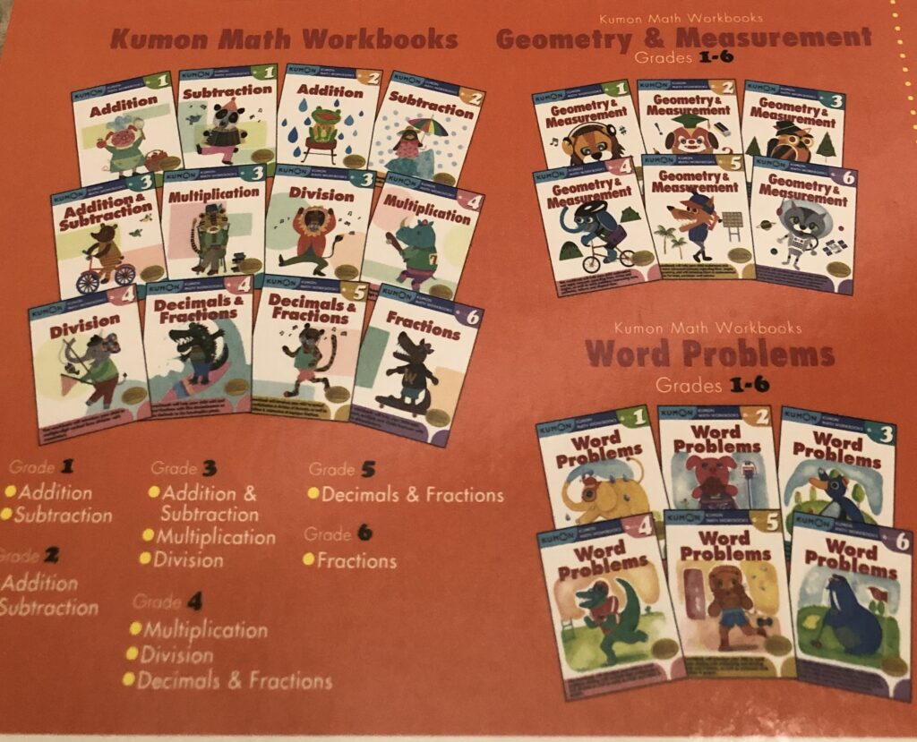 Grade6-8 Pre-Aregebraの裏表紙には、kumon workbookのシリーズ写真が掲載されています。