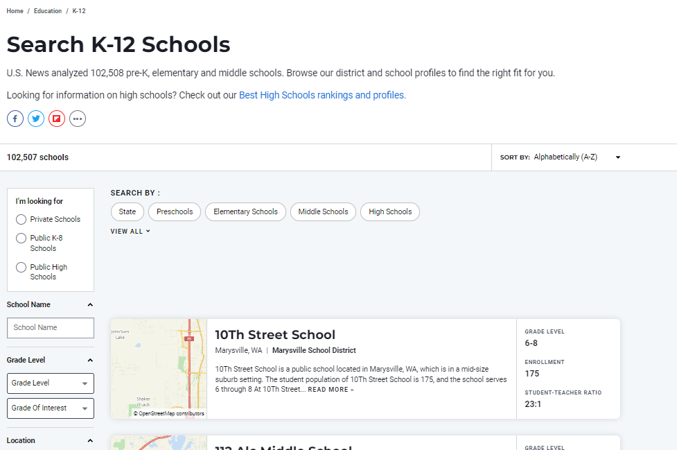 U.S. News & World ReportのSearch K-12 Schoolsのトップ画像です。