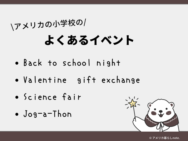 アメリカの小学校のよくあるイベントは、Back to school night 、Valentine gift exchange、Science fair、Jog-a-Thonなど。