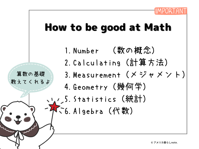 取り扱っている内容は以下。1.Number　（数の概念）2.Calculating（計算方法）3.Measurement（メジャメント）4.Geometry（幾何学）5.Statistics（統計）6.Algebra（代数）