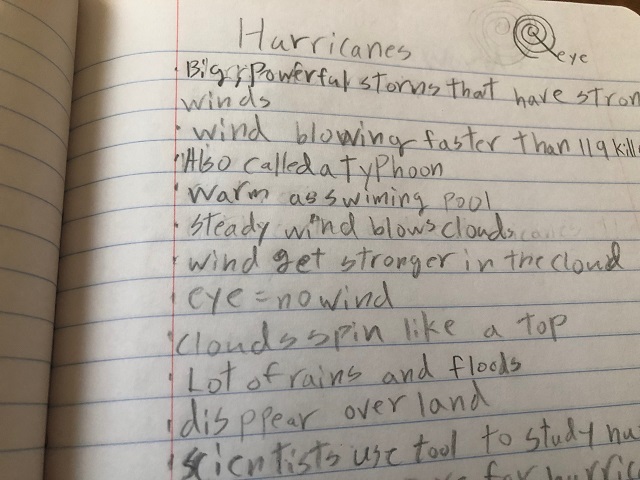 ハリケーンに関する我が子のノート。