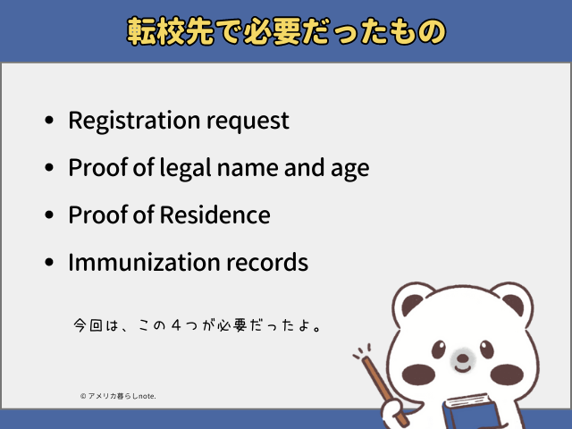 必要だったのは、以下の4つの書類。Registration request 、Proof of legal name and age、Proof of Residence、Immunization records